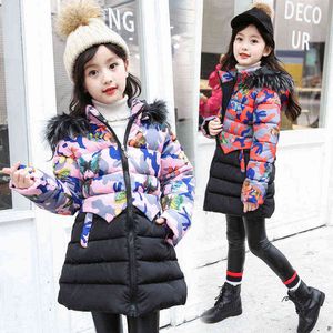 Children Winter Coat For Girl Warm Fur Fashion Printing Girls Parka Jackets Hooded Cotton Thick Padded Girls Long Outerwear Clothing J220718