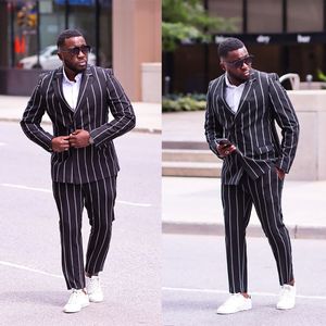 Plus Size Black Striped Tuxedos Men Pants Suits Set 2 Pieces Slim Fit Peaked Lapel Outfits Wedding Blazer Jacket