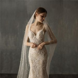 Véias de noivas gy 3 metros de marfim branco véu comprido com pente de pears de casamento de uma camada Catedral Velos de Noiva Contas de cristal