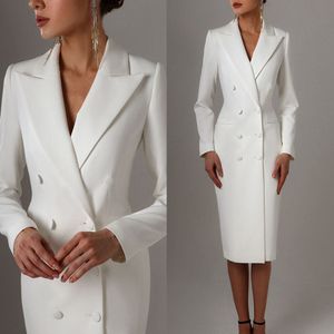 Einfache weiße doppelt gebastete Mutter der Braut Kleider Hochzeitsfeier Blazer Frauen Langjacke Anzüge Ladies Tee Länge Prom Abend Gast formelle Verschleiß Mitte hergestellt