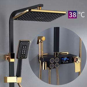 Hot Cold Shower System Bathroom LED Digital Shower Set Wall Mount Smart Thermostatic Bath Faucet Square Head SPA Rainfall Grifo