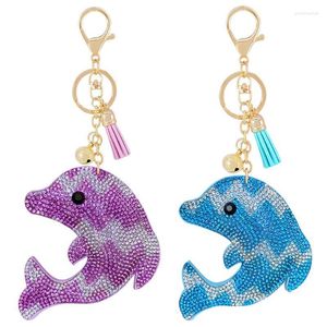 Keychains Creative Korean Velvet Colored Rhinestone Cute Dolphin Keychain Pendant Tassel Bell Marine Series Bag Accessories Emel22