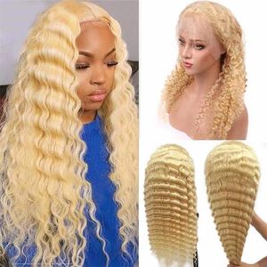 613 Blond syntetisk spetsfront peruksimulering Human hår peruker afro kinky lockiga pelucas för kvinnor CX-18764