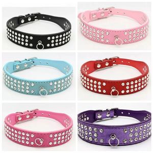 personalized Length Suede Skin Jeweled Rhinestones Pet Dog Collars Three Rows Sparkly Crystal Diamonds Studded Puppy Dog Collar