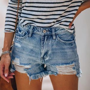 Kvinnor Slim Tassels Hole Denim Shorts Fashion Casual Summer Blue Sexig Solid Color Wash Streetwear 220427