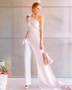 Women Pants Suit Evening Dresses One Shoulder Satin Formal Party Gowns Dusty Pink And White Jumpsuit Prom Pageant Special Ocn Wear Court Train