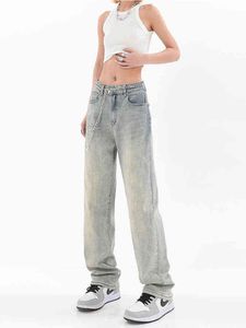 Jeans azuis lavados jeans High cintura vintage calça de jeans folgada reta de estilo de estilo moda americana