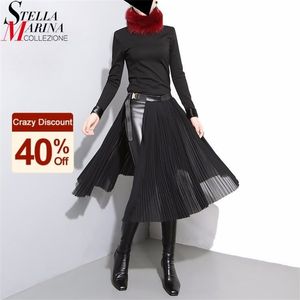 Mulher japonesa mulher sólida chiffon preto plissada saia ajustável cinto de couro alta dividir meninas midi saias casuais 876 210306