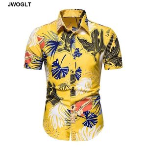 夏の新しいファッションレギュラーフィットカジュアル男性ボリュースメンズ半袖ハワイアンシャツボタンダウン黄色の花のブラウスシャツ210412