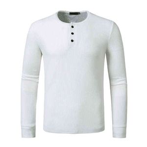 ホワイトワッフルコットンTシャツメン2022秋の新しいヘンリーTシャツメンスリムフィット長袖TシャツHomme Streetwear Tshirt Male L220704