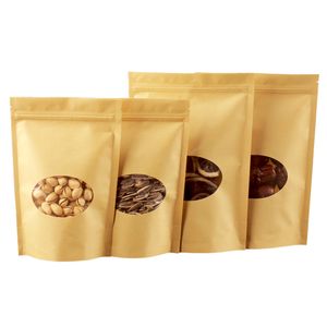 100pcs Thick Stand up Kraft Paper Clear Oval Window Zip Lock Bag Resealable Coffee Powder Snack Cereals Candy Bakery Sugar Gifts Packaging Storage Pouches