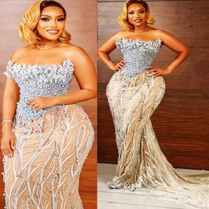 2022 Plus Size Arabic Aso Ebi Mermaid Luxurious Sexy Prom Dresses Lace Pearls Evening Formal Party Second Reception Birthday Engagement Gowns Dress ZJ688