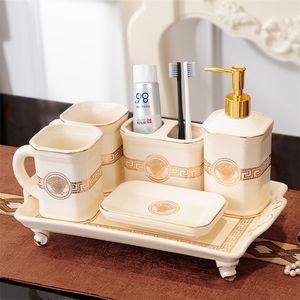 Bathroom Accessories Set Ceramic Toothbrush Holder Soap Dispenser Gargle Cup Soap Dish With Tray Wedding Gifts Bathroom Product T200518