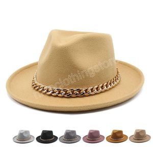 Män västra cowboyhatt med metallkedja Autumn Winter Women Wide Brim Gentleman Jazz Cap Cowgirl Classic Felt Fedora Hat