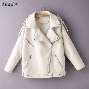 Fitaylor New Spring Pu Leather Jacket Women Moto Biker Lapel Zipper Beige Warm Faux Leather Coat Loose Fashion Autumn Outwear L220728