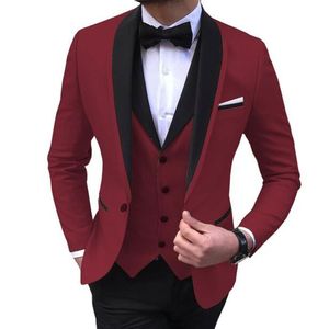 Tuxedos clássicos de casamento da Borgonha Suites masculinos personalizados vestem um pouco de colete de jaqueta de três peças de gente masculino Blazer
