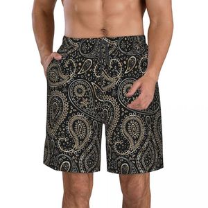 Men's Shorts Pretty Gold Paisley Gradient Beige Brown Men's Beach Pocket Bohemian Swimsuit Quick Dry Men Swimwear Surfing BoardshortsMen