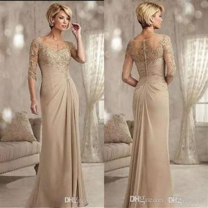 Champagne Mother Of The Bride Dresses Long 2019 Scoop Neck Chiffon Wedding Guest Mother's Dresses Half Sleeves Formal Evening223A