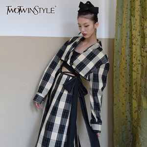 TWOTWINSTYLE Ekose Dantel Yukarı Bowknot Kısa Üstler Kadınlar yaka Uzun Kollu Sıradan Ceket Kadın Sonbahar Moda Giyim 201029