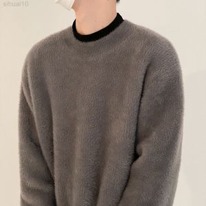 Mohair Sweater Men Loose Casual Lazy Knitted Sweater Korean Loose Cashmere Sweater Trend All-Match L220801