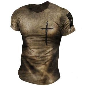 Vintage Jesus Cross Print Mens T Shirts Summer Polyester Breathable Round Neck Loose Short Sleeve Plus Size Rock Street