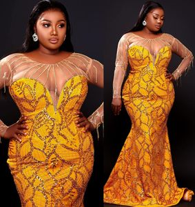 2022 Plus Size Arabic Aso Ebi Yellow Mermaid Sparkly Prom Dresses Sheer Neck Beaded Evening Formal Party Second Reception Birthday Engagement Gowns Dress ZJ330