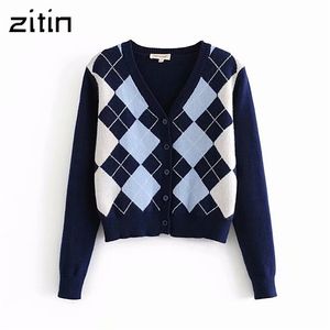 Vintage Stylish Geometric Rhombic Cardigan tröja Kvinnor 2020 Fashion Autumn Warm Long Sleeve Outerwear Chic England Style Topps LJ200815