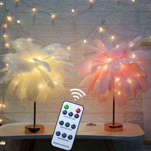 Zdalne sterowanie Lampa stołowa piórka DIY Wróżka LED Drzewo Lekka Bateria/USB zasilany do domu do salonu Party Wedding Work H220423