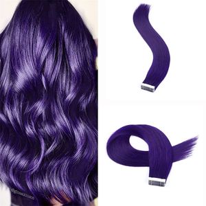 絹のようなストレートハイライトエクステンションの紫色のテープ本物の人間の髪の肌の皮膚テープヘアピースファッション女性16 インチ