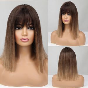 Ombre Braun Blonde Goldene Synthetische Perücken Mit Pony Mittellange Perücke Für Frauen Cosplay Party Perücke Hitzebeständige Faser Gefälschte haarfabrik direc