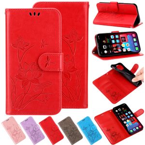 Premium PU Leder Handyhüllen für iPhone 7 8 Xr 11 12 13 14 15 Pro Max Samsung S22 Lotus Muster Wallet Flip mit Kartenfächern Schutzabdeckung