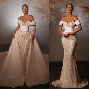 Luxury Mermaid Wedding Dress Off Shoulder Sparkly Sequins With Detachable Train Gown Applique Ball Dresses For Women Robe De Soiree