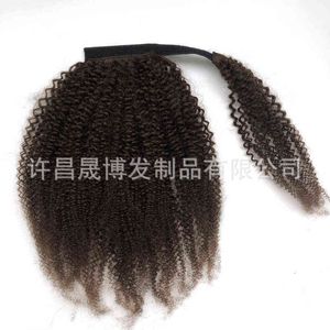 Lockige Haarperücke Für Pferdeschwanz großhandel-Echte Haarperücke Horsail Velcro echte Haare Horseail Pferdeschwanz Afro curly hellbraun
