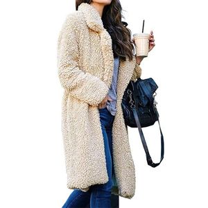 WOMEN'S Autumn And Winter Teddy Coat Folddown Collar Furry Solid Cardigan Midlength Fur Long Warm Outwear T200506