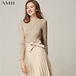 AMII minimalistisk solid tröja Autumn Winter Women Casual Round Neck Slim Fit Elegant Female Pullover Knit tröja 11960108 201222