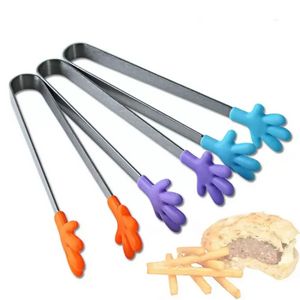 Cute Creative Small Silicone Clip Non Slip Stainless Steel Mini Food Ice Square Suger BBQ Tongs Clips Kitchen Products 0425