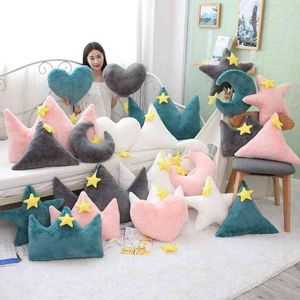 Fantasy Yellow Star Moon Crown Heart Shaped Plush Cushion Filled Sofa Chair Faux Bunny Fur Back Rest Nursing Girls J220704