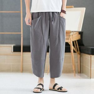 Herrenhosen Herren-Baumwoll-Leinen-Hosen Lose abgeschnittene, gerade, lässige, einfarbige japanische Stil-Kordelzug-Hosen mit großen TaschenHerren