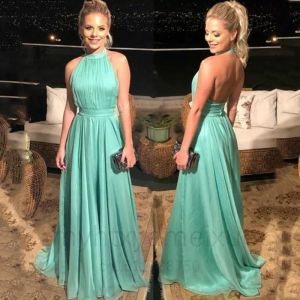 Green 2022 Mint Prom Dresses Halter Sexy Backless a Line الطابق الطول المسائي الرسمي ارتداء ثياب ذيل حفلة