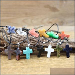 Pendant Necklaces Natural Crystal Cross Shape Stone Healing Quartz Turquoise Sodalite Obsidian Colorf Gemstone Nec Mjfashion Dhskg