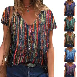 Short Sleeve Women TShirts Summer Female High Street Tee Lady Striped Print Casual Tops 5XL Large Size VNeck TShirt Pullovers 220526