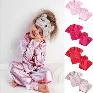 Yaz Pijama Kızlar Için Setleri Ipek Saten Üst   Pantolon Uzun Kollu Katı İpeksi Pijama Gecelik Çocuk Pijama Erkek Giysileri için 220426