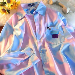 Kvinnors blusar skjortor rosa slipsfärgning gradient långärmad avslappnad män skjorta kvinnans toppar knapp upp streetwear koreansk mode 2022 Summerwomen