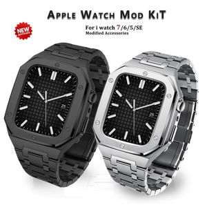 Neues Edelstahl-Modifikations-Mod-Kit-Armband mit Gehäuse für Apple Watch Band 45 mm IWatch Serie 7 6 5 4 3 SE 44 mm Edle Luxus-Metall-Accessoires
