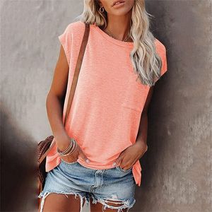 Solid Tops Tee Shirts Donna Pocket Tshirt Summer Casual Oneck Maglietta allentata Manica corta Donna Soft Tops mujer camisetas 220526