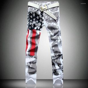 Модные мужские американские флаг США напечатанные джинсы Прямые брюки с подъездами плюс 38 40 42 повседневные брюки для мужчин