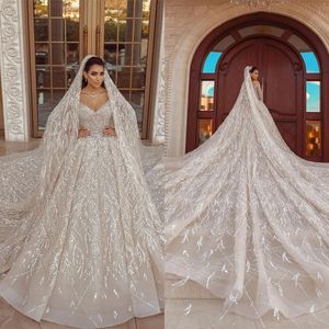 Lussuosi abiti da sposa con perline arabe, abito da ballo con strascico lungo, maniche lunghe, paillettes, pizzo, scollo a V, abito da sposa realizzato su misura