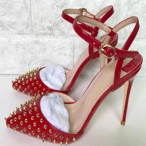 Mode guld nit kvinnors högklackade skor sexiga spetsiga tår sandaler sommarfjäder spännband slingback klänning nattklubb röd ensam bröllop pumpar stor storlek