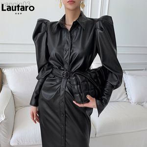 Lautaro Autunno lungo morbido nero in ecopelle abito camicia cintura soffio maniche lunghe bottoni eleganti abiti eleganti di lusso per le donne L220801