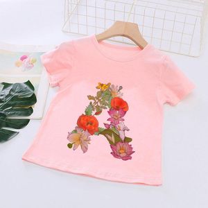 Tシャツファッション半袖の手紙植物ノベルティプリント2022キッズピンクTシャツカワイイガールズトップカジュアルベビーガールサマートシャツ